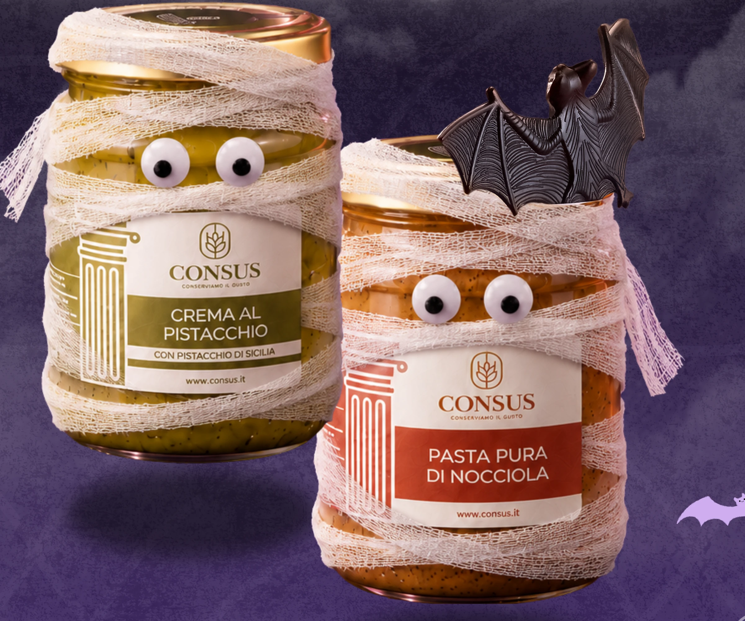 Crema al pistacchio e pasta pura di nocciola Consus vestite da mummie
